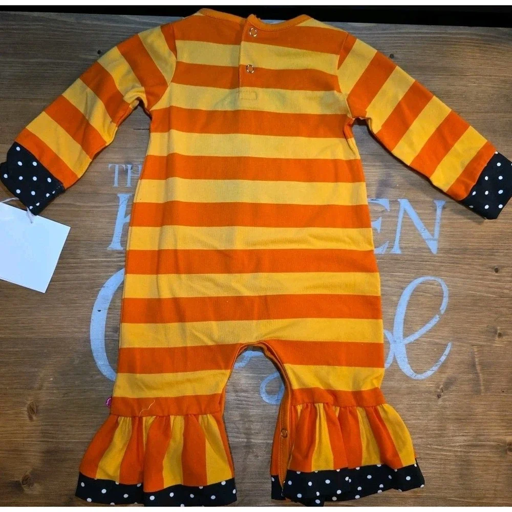 NEW‎ Annloren 3-6 Month First Halloween Orange Pumpkin Black Cat Romper Ruffles